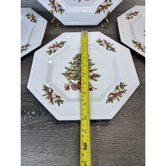Fairfield Christmas Tree Octagon PEACE ON EARTH 10 1/8" Dinner Plates - Set of 4 - Picture 4 of 8